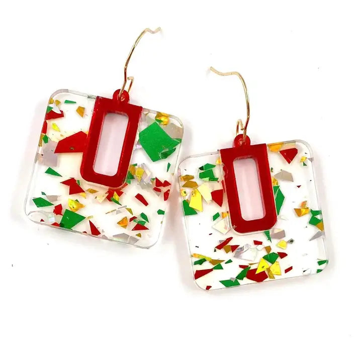 Square Red and Green Dangle Earrings