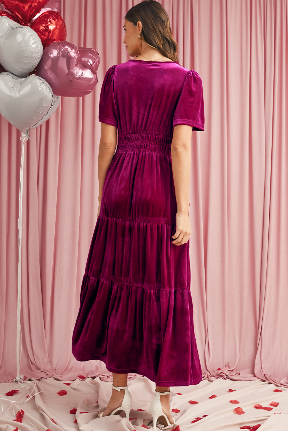 Velvet Puff Short Sleeve Smocked Waist Tiered Maxi Dress