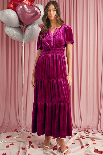 Velvet Puff Short Sleeve Smocked Waist Tiered Maxi Dress