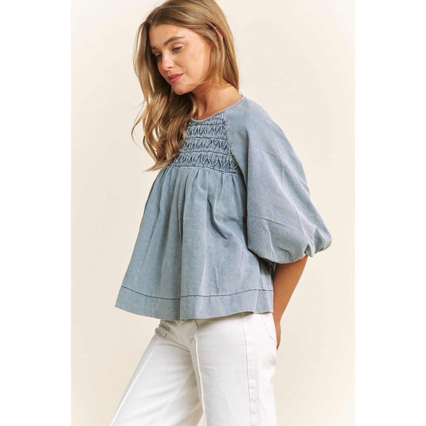 Babydoll Puff Sleeve Denim Top