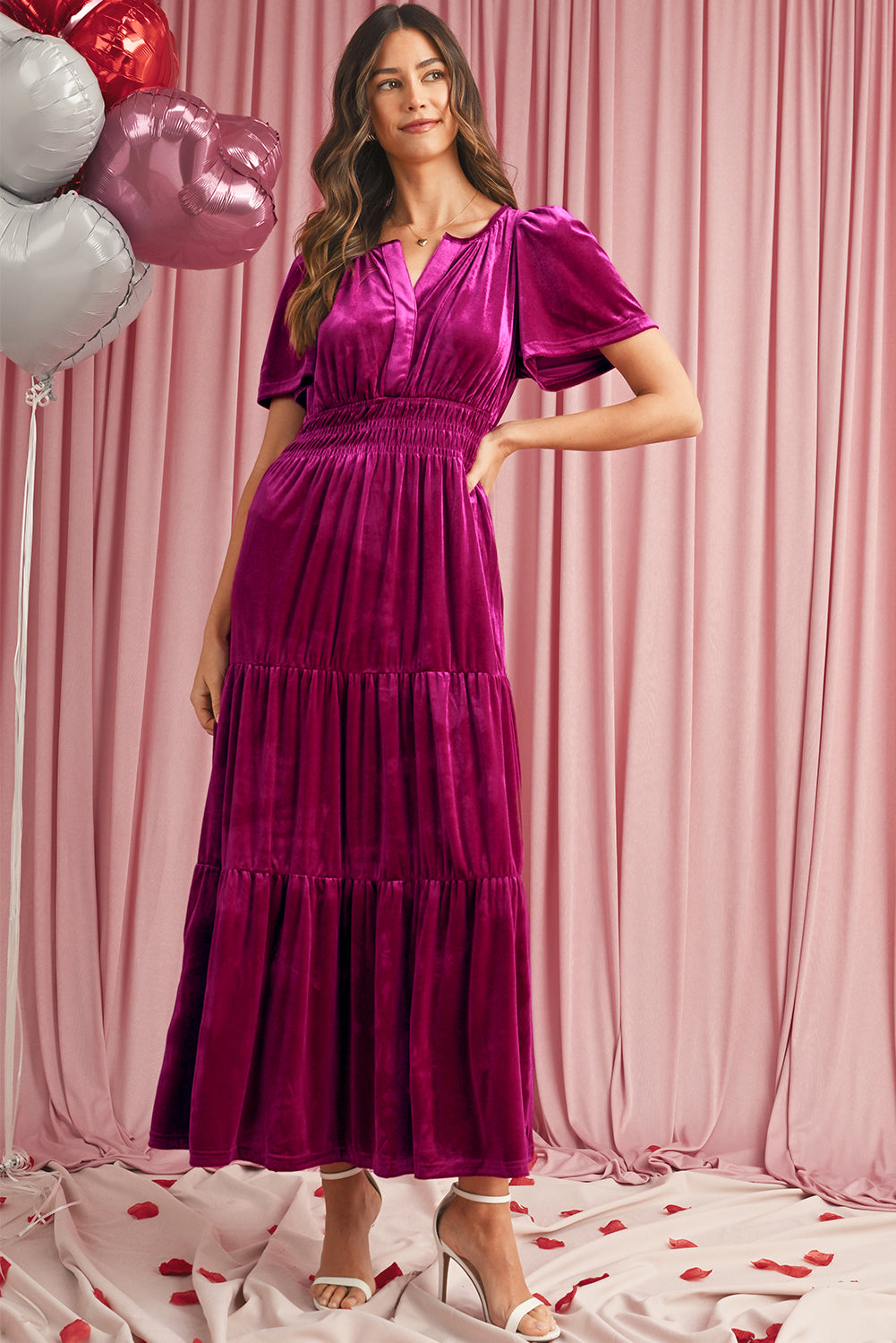 Velvet Puff Short Sleeve Smocked Waist Tiered Maxi Dress