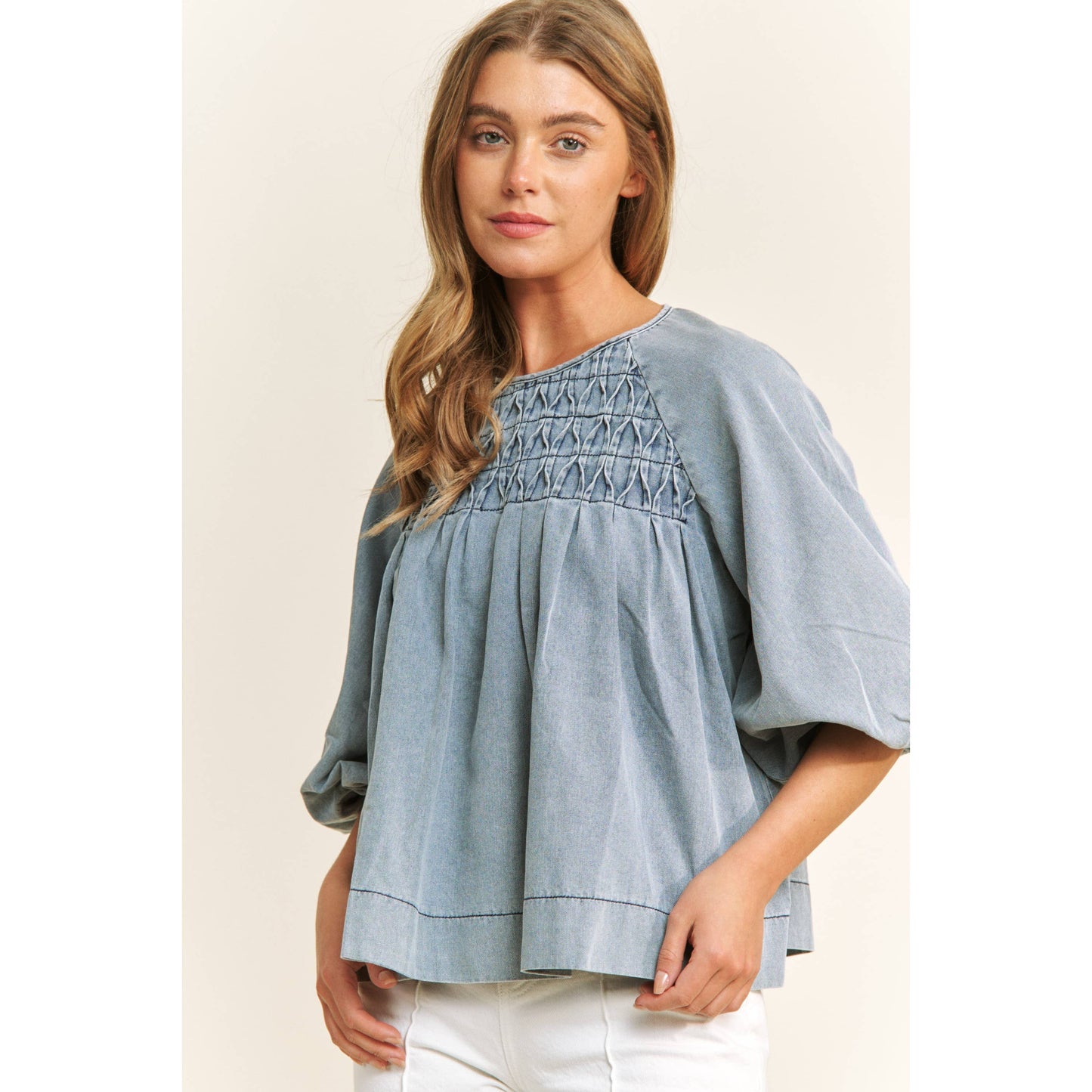 Babydoll Puff Sleeve Denim Top