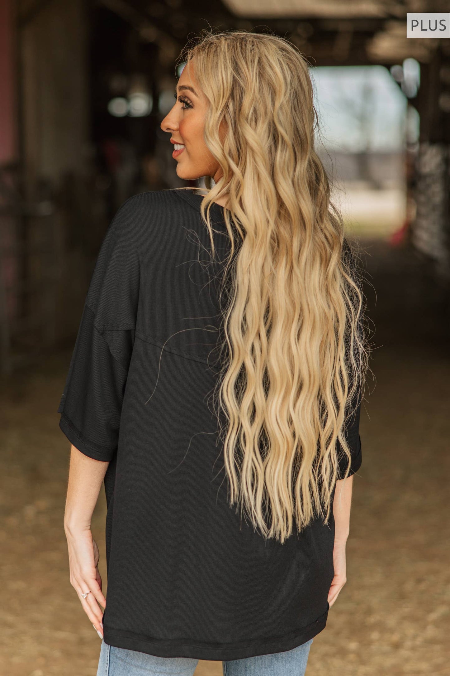 PLUS SIZE Ribbed Relaxed Boyfriend Shirt w/ Pocket Detail