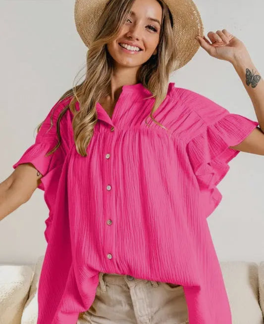 Hot Pink Gauze Button Down