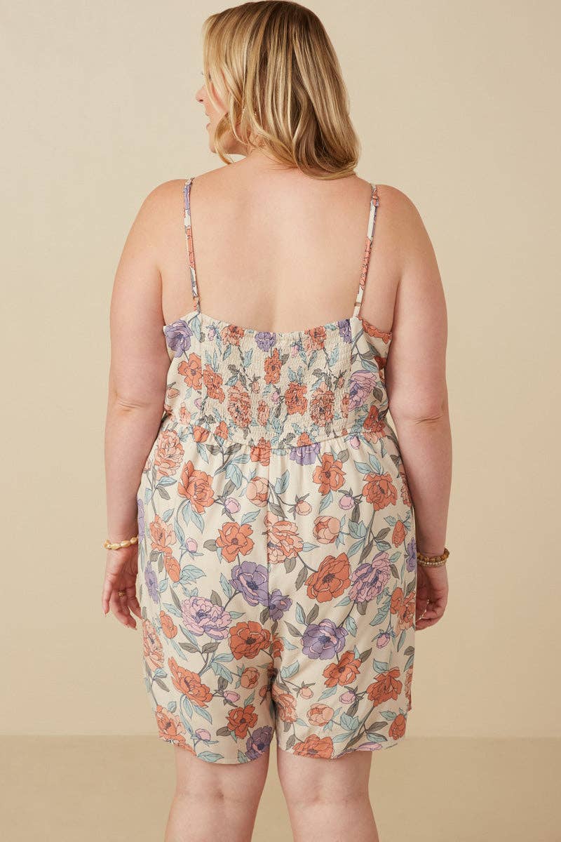 Womens Romantic Floral Smock Back Romper