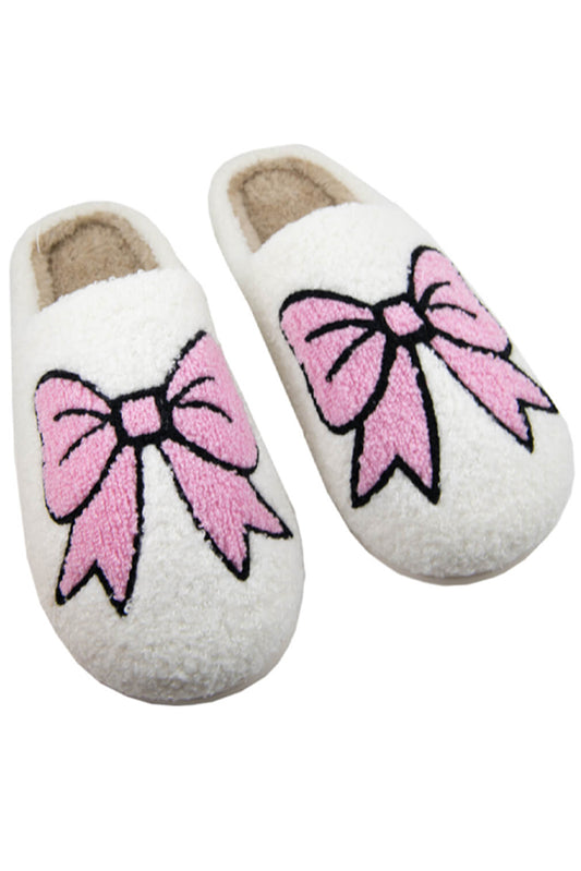 White Bowknot Fuzzy Winter Slippers