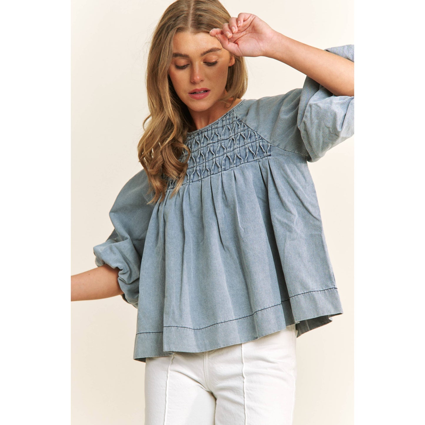 Babydoll Puff Sleeve Denim Top