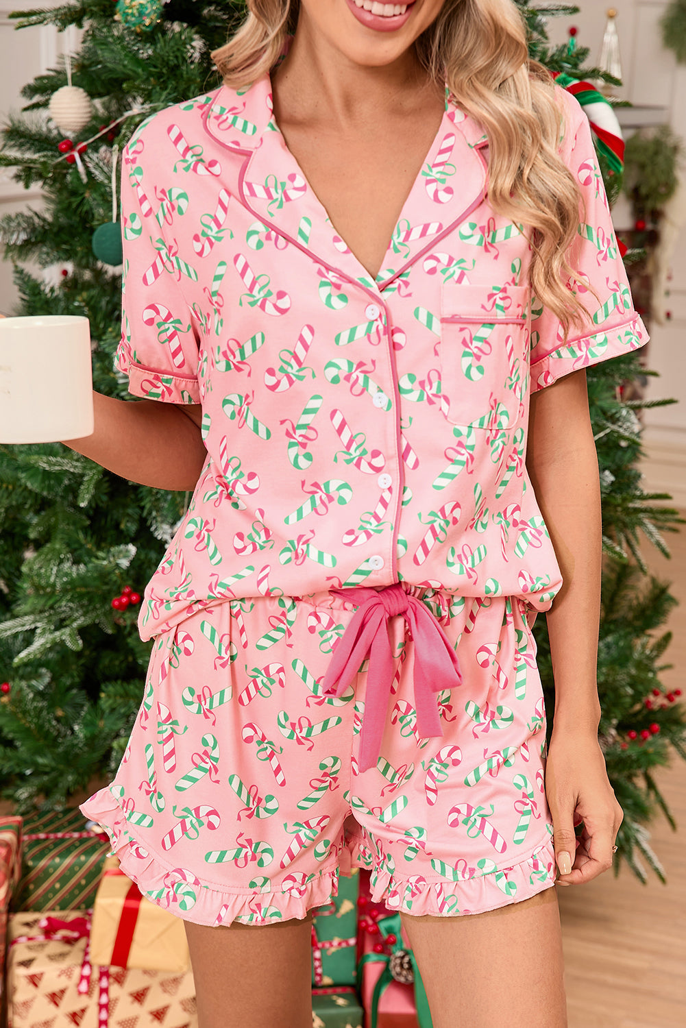 Candy Cane Ruffle Hem Pajama Set