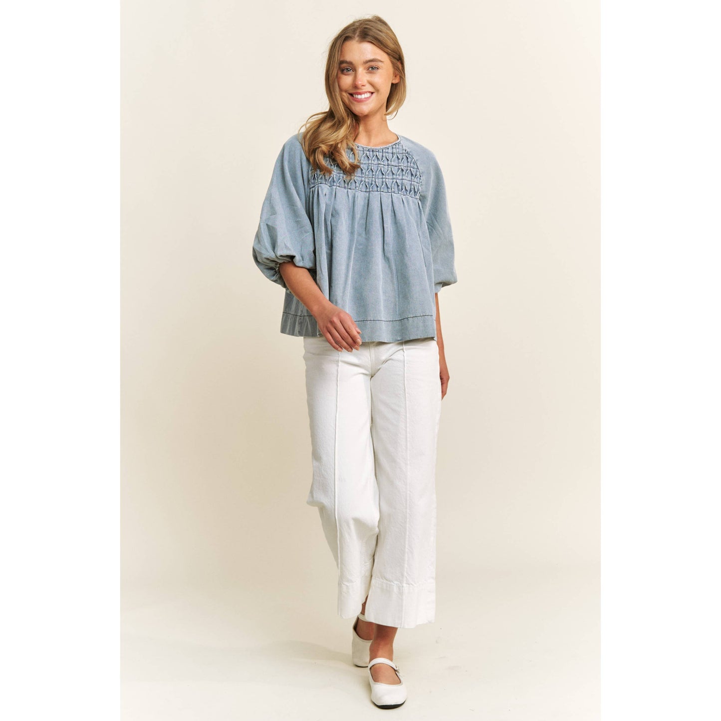 Babydoll Puff Sleeve Denim Top