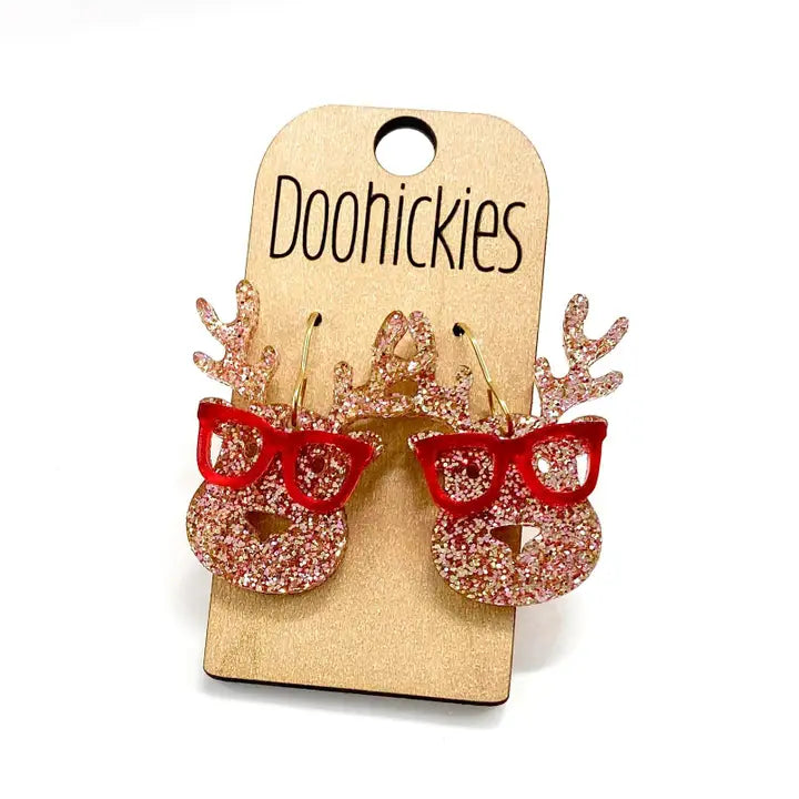 Glitter Reindeer with Red Glasses Earrings